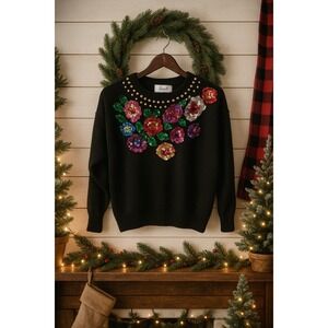 Vintage Black Sequin Floral Embellished Sweater Women's Size L